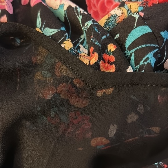 Express 0 Black Bright Multi Color Floral Print Wrap Belted Romper Mesh Cutout - Picture 4 of 7